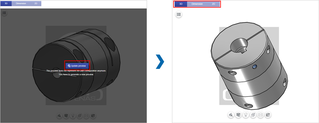 tech-cadenas_img5 Click the “Update preview” button and you are able to see the initial look of drawings (2D/3D/Dimension) even before downloading them on the same page.